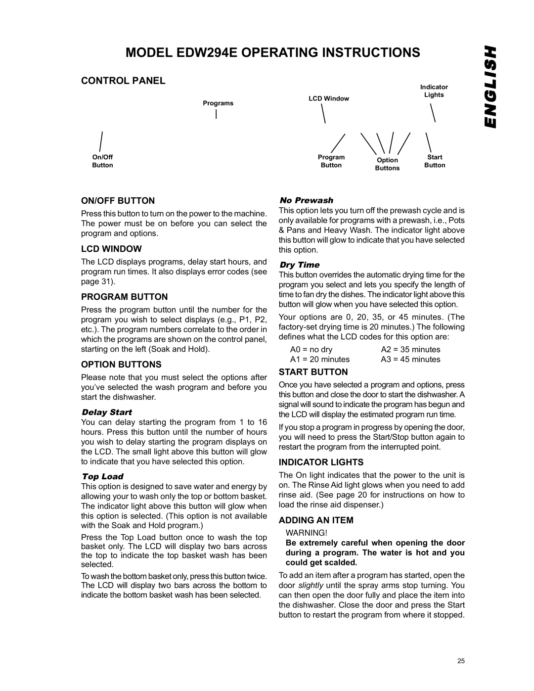 Eurotech Appliances EDW242C, EDW274E, EDW254E owner manual Eng, Model EDW294E Operating Instructions 