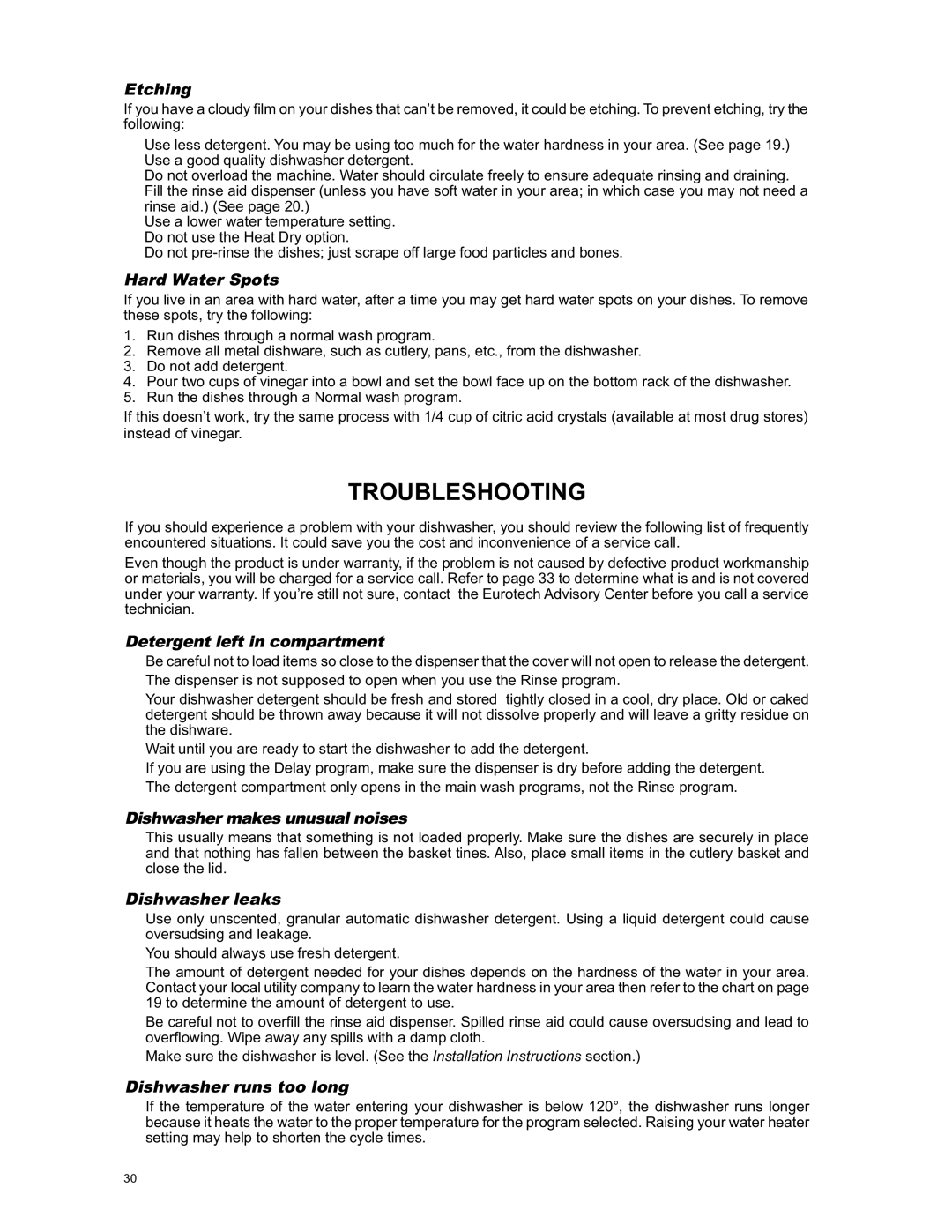 Eurotech Appliances EDW274E, EDW294E, EDW242C, EDW254E owner manual Troubleshooting, Etching 