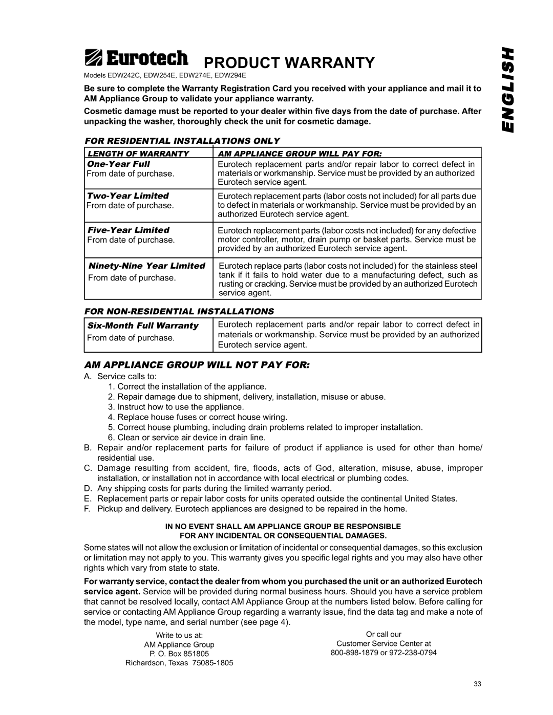 Eurotech Appliances EDW242C, EDW294E, EDW274E, EDW254E owner manual Product Warranty 