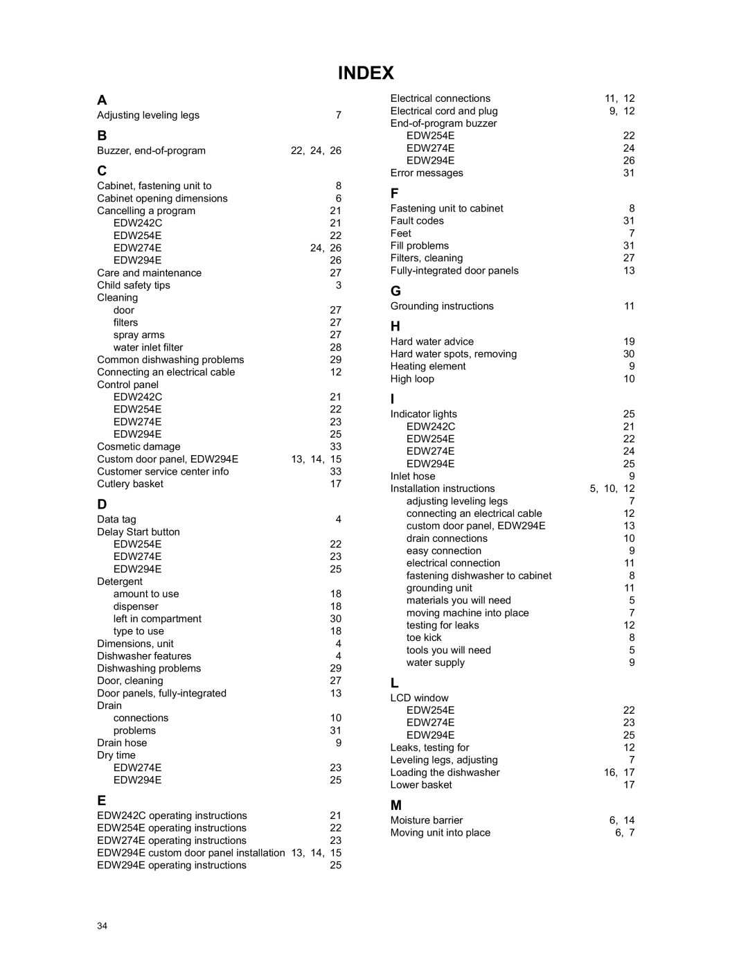 Eurotech Appliances owner manual Index, EDW242C EDW254E EDW274E EDW294E 