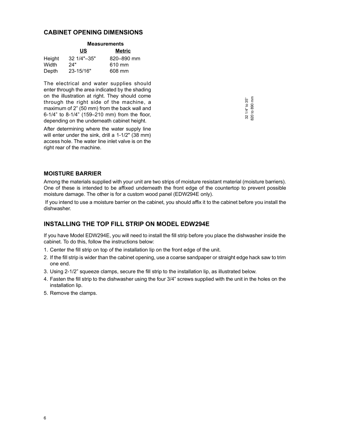 Eurotech Appliances EDW274E Cabinet Opening Dimensions, Installing the TOP Fill Strip on Model EDW294E, Moisture Barrier 