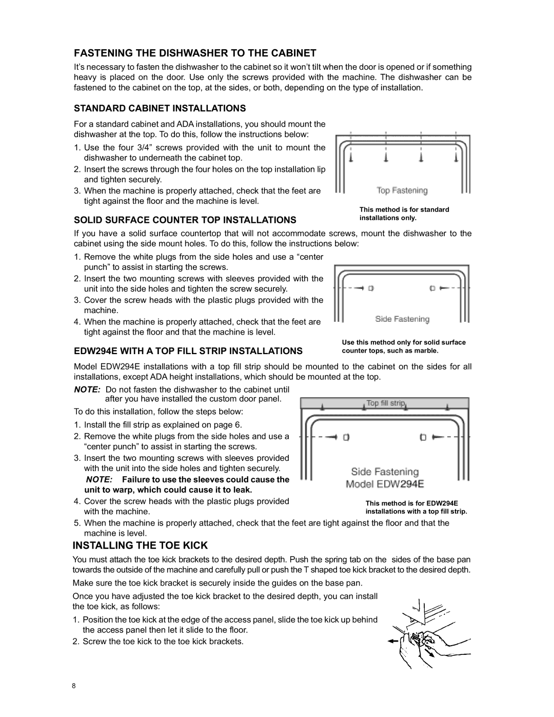 Eurotech Appliances EDW294E, EDW242C, EDW274E, EDW254E Fastening the Dishwasher to the Cabinet, Installing the TOE Kick 