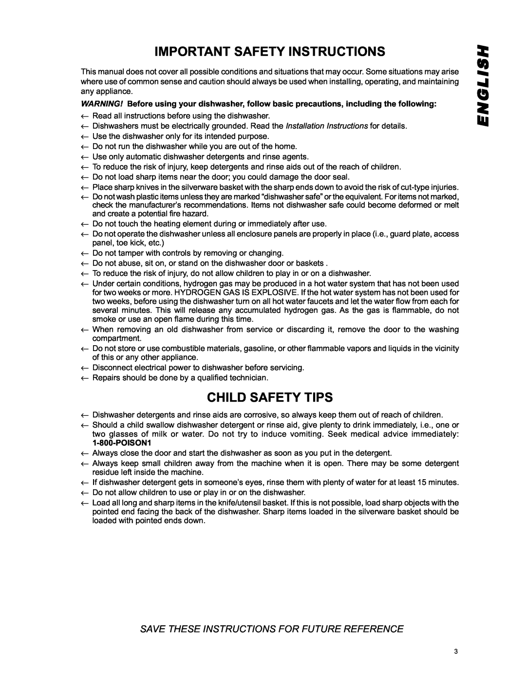 Eurotech Appliances EDW254E, EDW294E, EDW242C, EDW274E English, Important Safety Instructions, Child Safety Tips, POISON1 