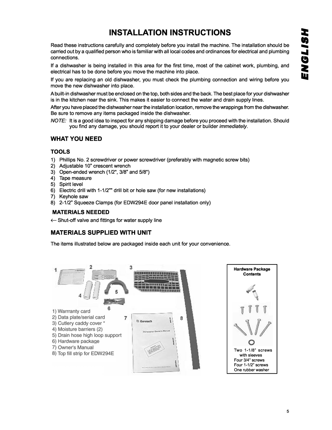 Eurotech Appliances EDW242C Installation Instructions, English, What You Need, Materials Supplied With Unit, Tools 