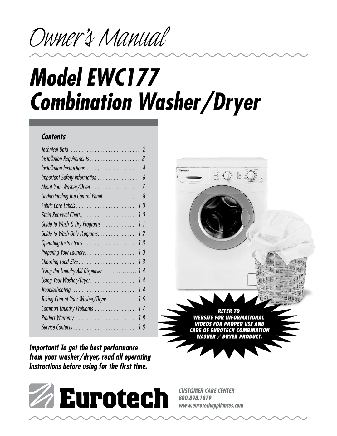 Eurotech Appliances owner manual Model EWC177 Combination Washer/Dryer, Contents 