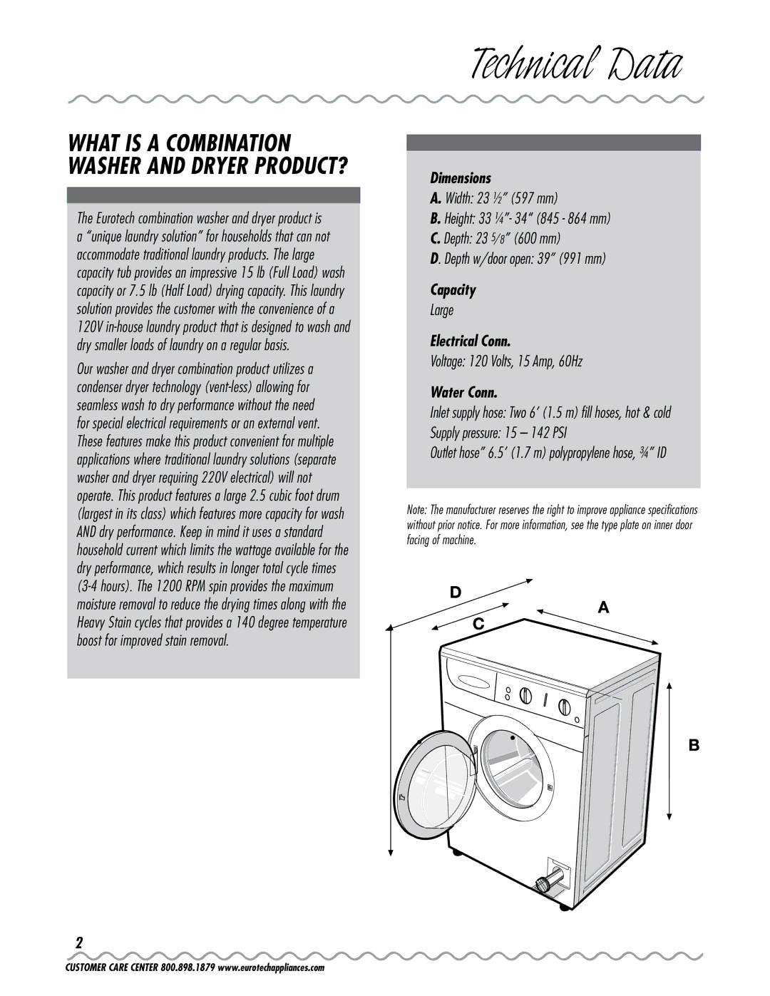 Eurotech Appliances EWC177 owner manual Dimensions, Capacity, Electrical Conn, Water Conn 