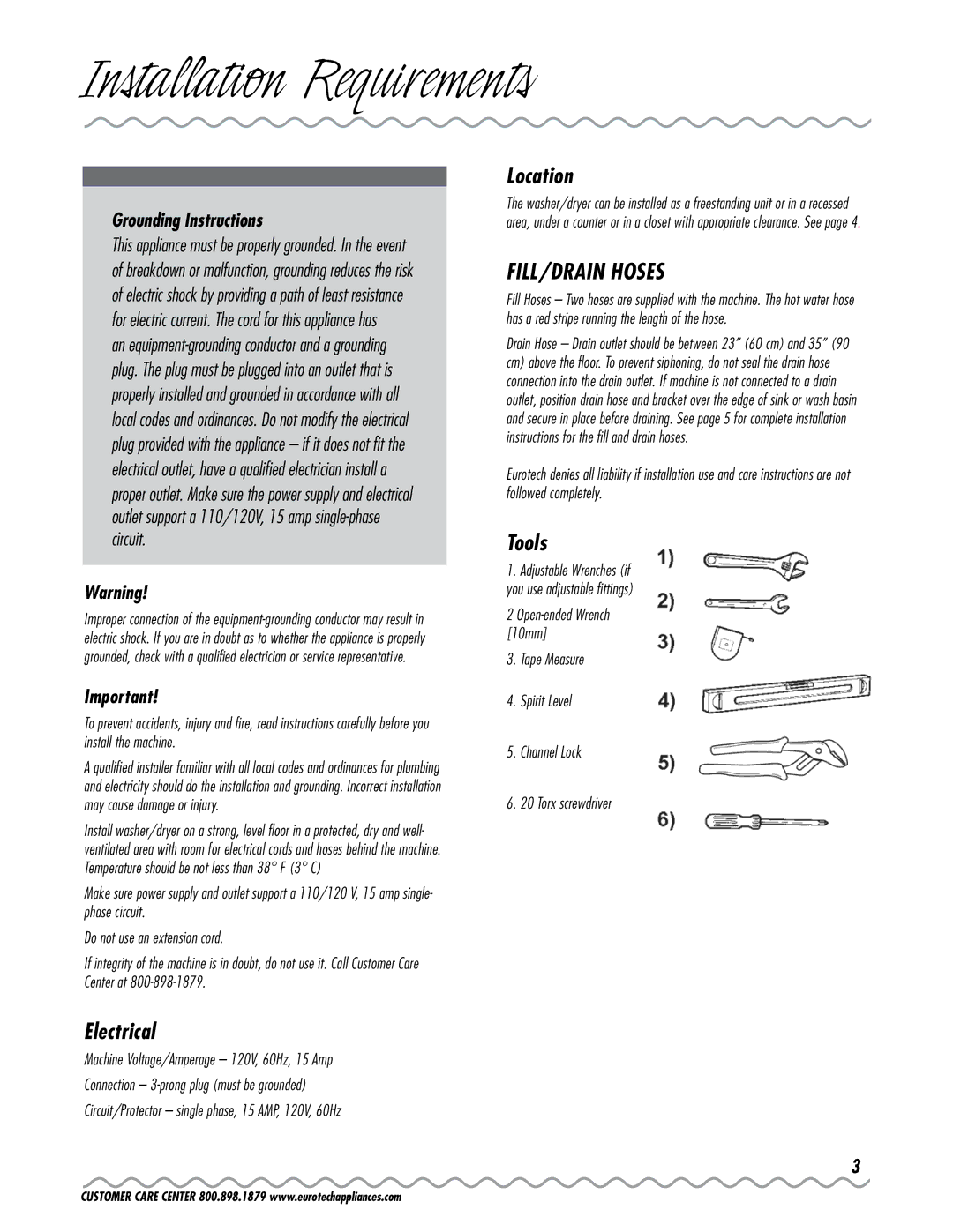 Eurotech Appliances EWC177 owner manual Installation Requirements, Electrical, Location, FILL/DRAIN Hoses, Tools 