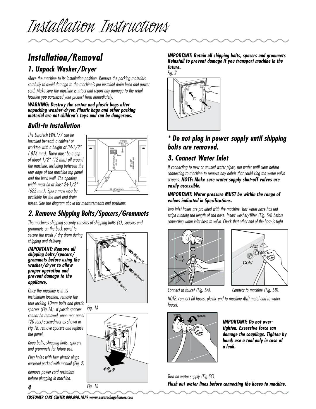 Eurotech Appliances EWC177 Installation Instructions, Installation/Removal, Unpack Washer/Dryer, Built-In Installation 