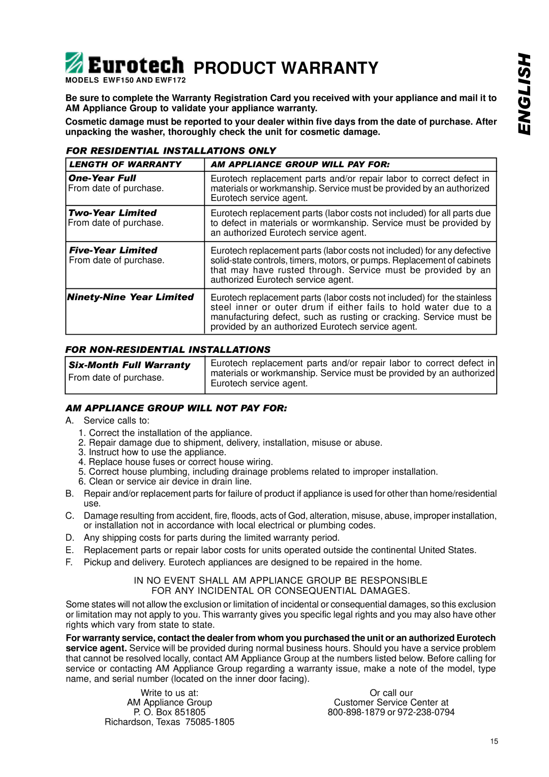 Eurotech Appliances EWF150, EWF172 owner manual Product Warranty 