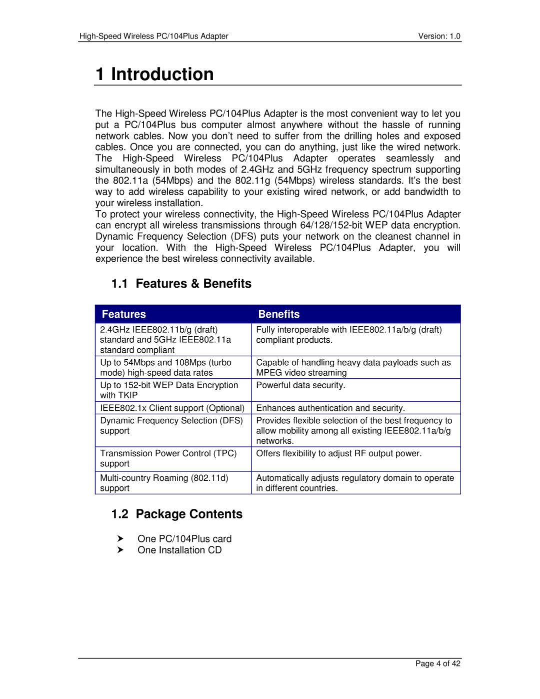 Eurotech Appliances PC/104PLUS user manual Introduction, Features & Benefits, Package Contents 