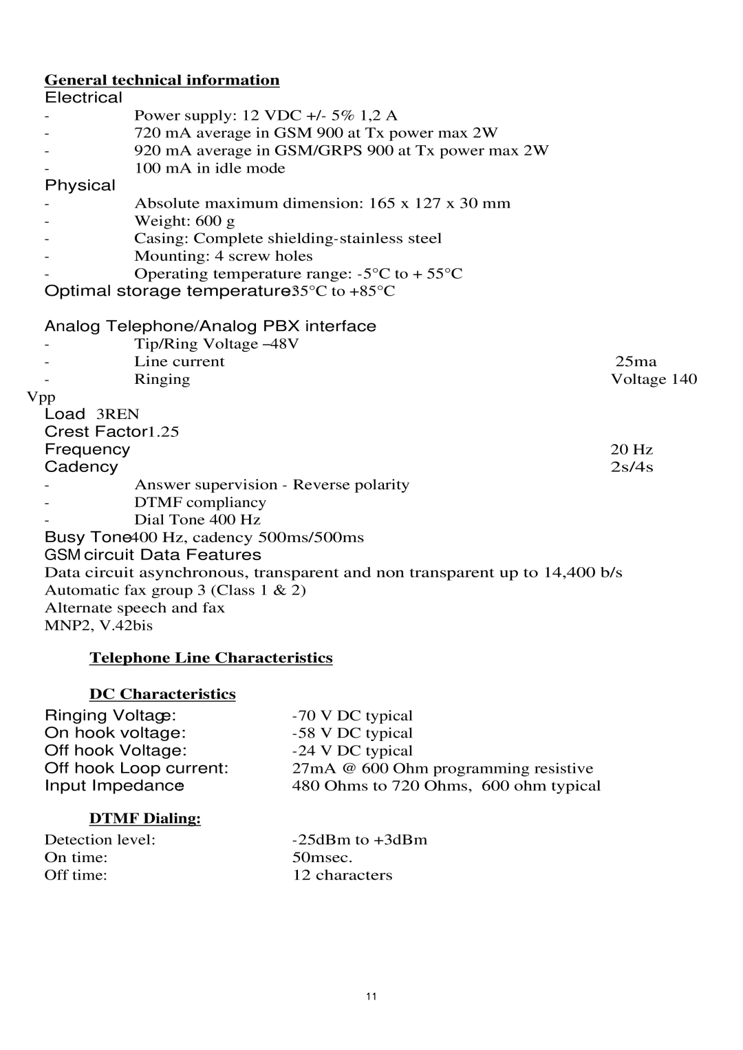 Eurotech Appliances Winner user manual Telephone Line Characteristics DC Characteristics, Dtmf Dialing 