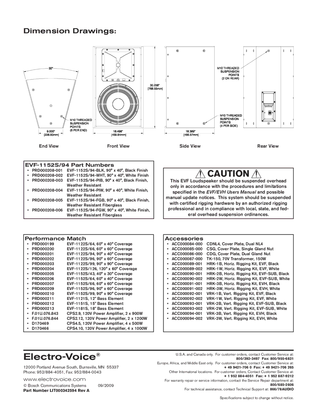 EV Rider EVF-1152S/94-FG manual Dimension Drawings, EVF-1152S/94 Part Numbers 