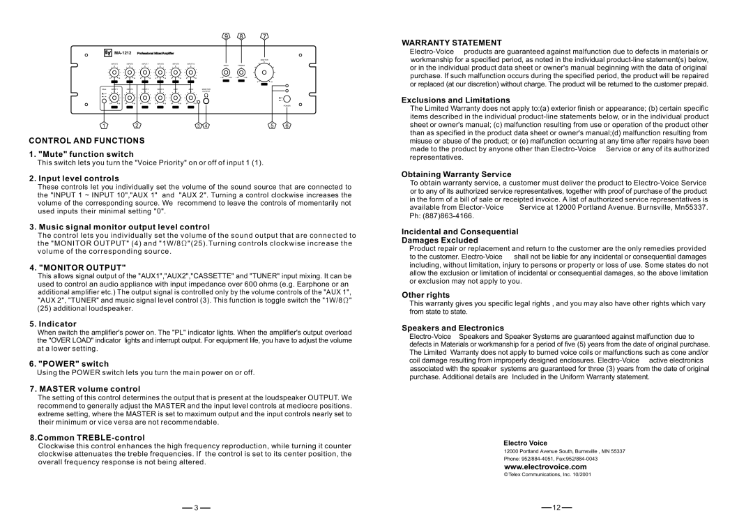 EV Rider MA-1206, MA-1212 manual Monitor Output, Warranty Statement 