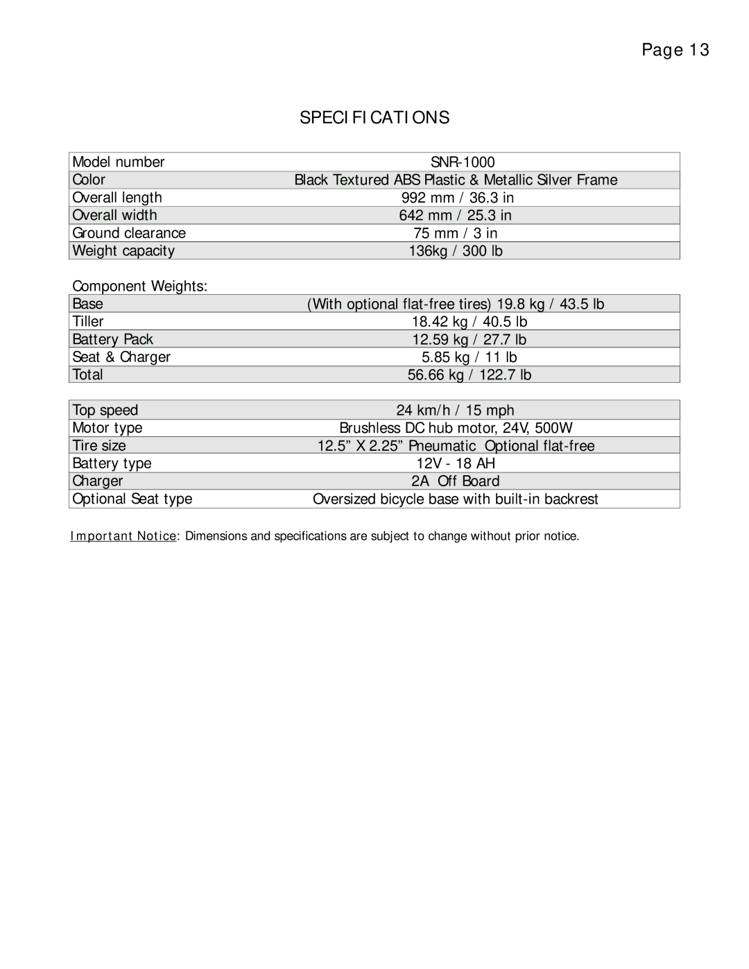 EV Rider Stand N Ride manual Specifications 