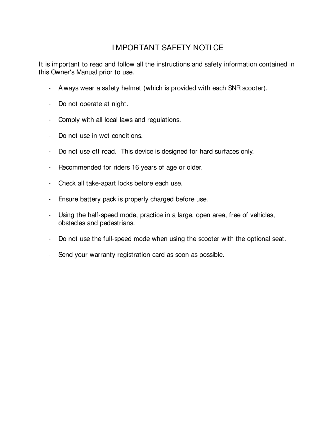 EV Rider Stand N Ride manual Important Safety Notice 