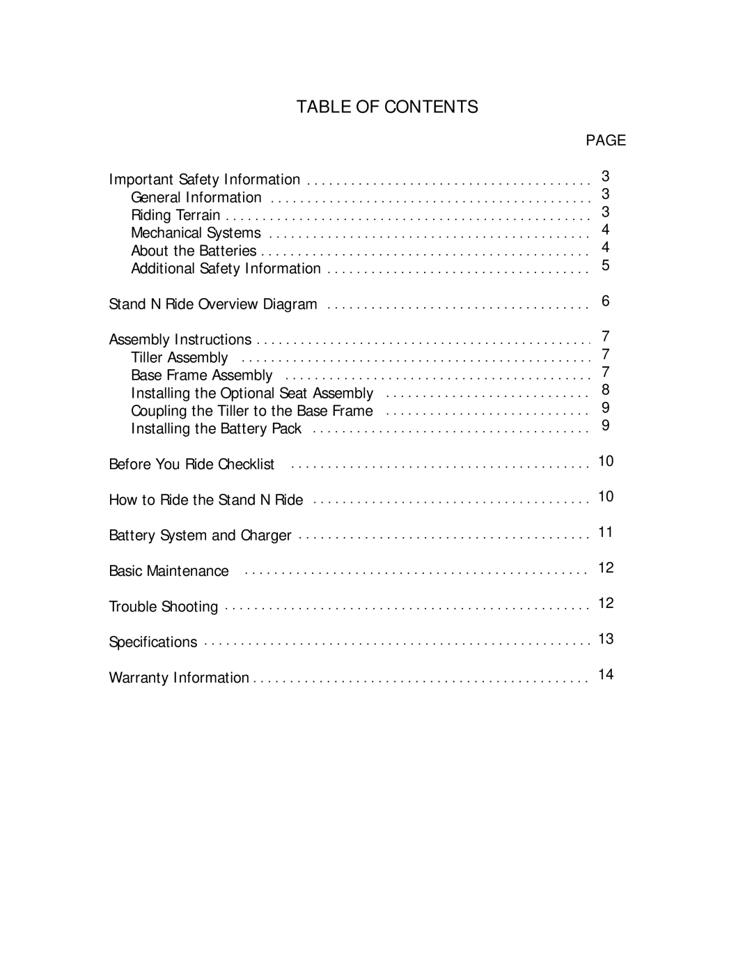 EV Rider Stand N Ride manual Table of Contents 