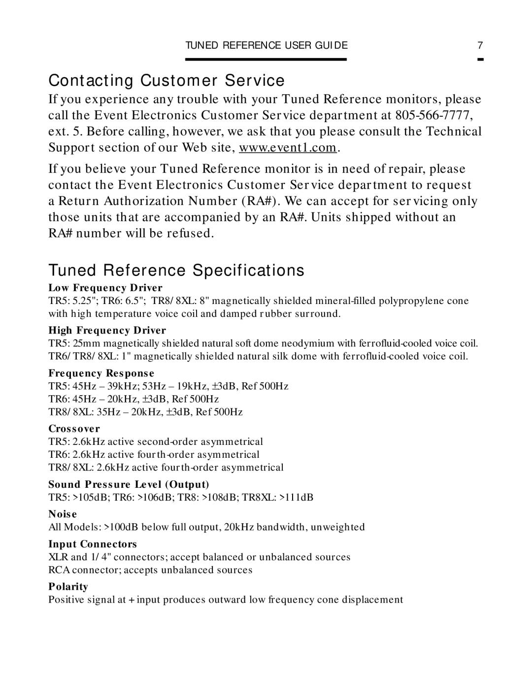 Event electronic Biamplified Direct Field Monitor System manual Contacting Customer Service, Tuned Reference Specifications 