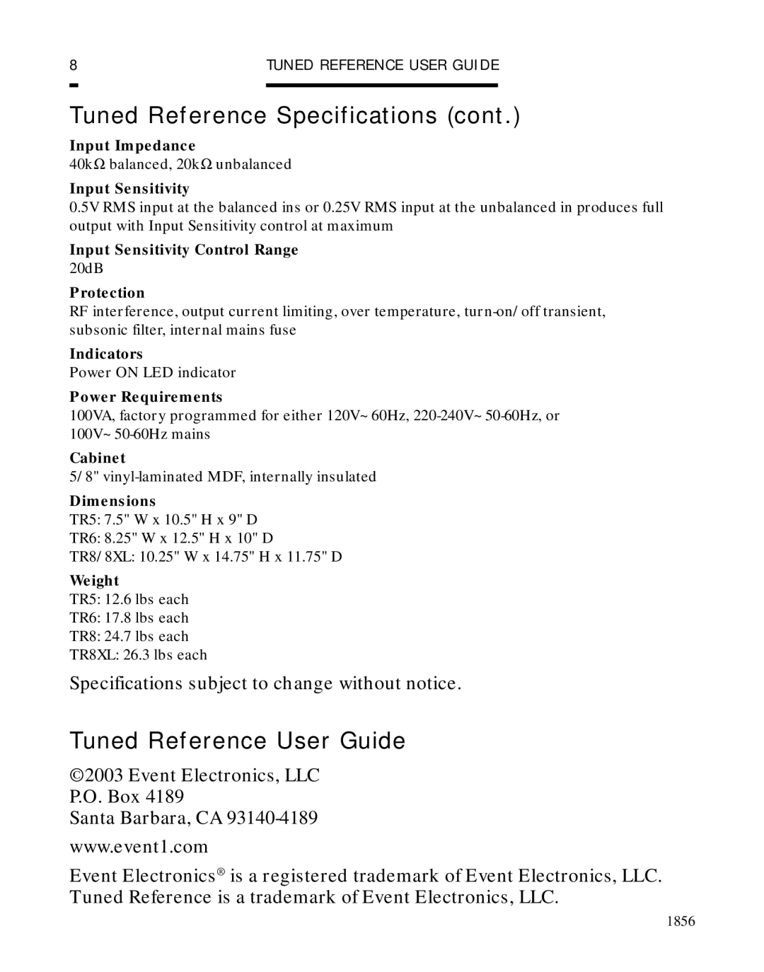 Event electronic Biamplified Direct Field Monitor System manual Tuned Reference User Guide 