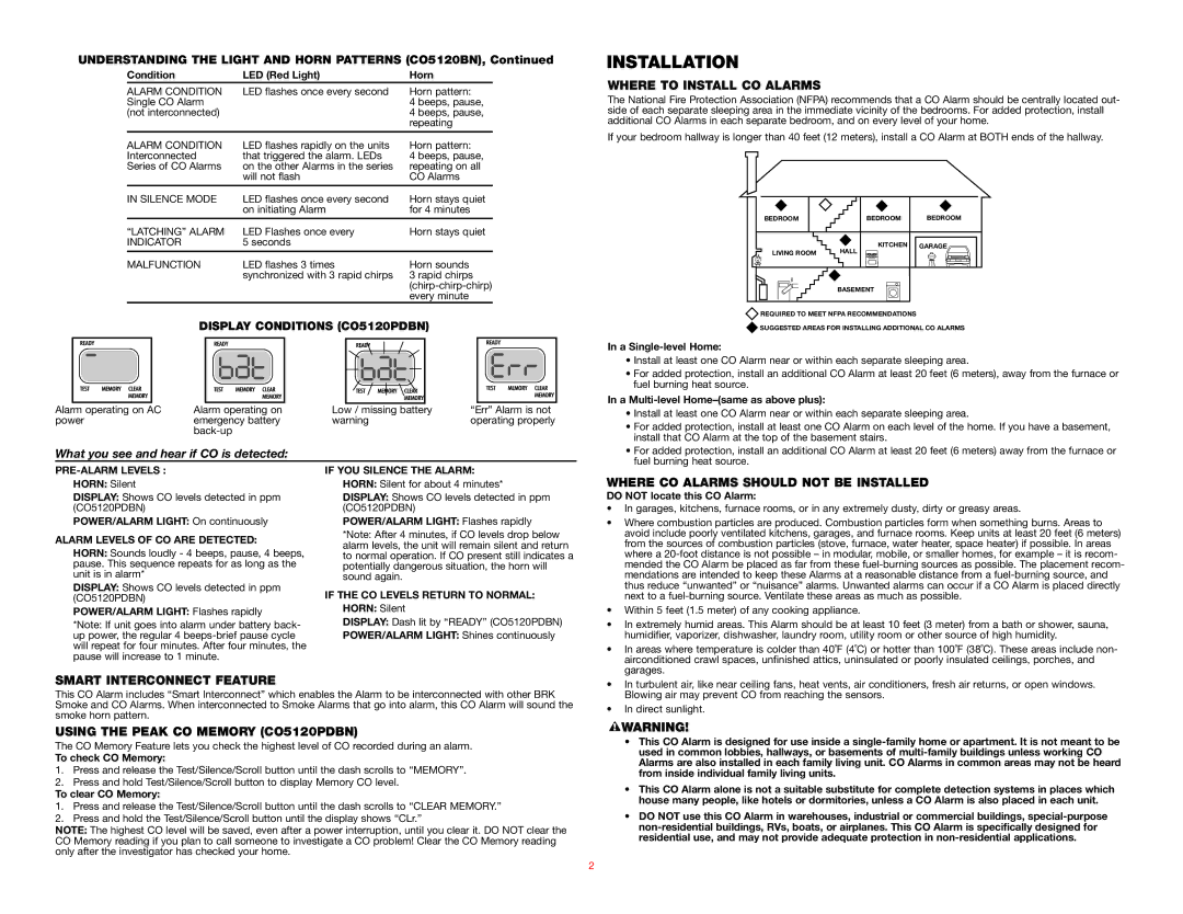 Event electronic Display Conditions CO5120PDBN, Where to Install CO Alarms, Where CO Alarms should not be Installed 