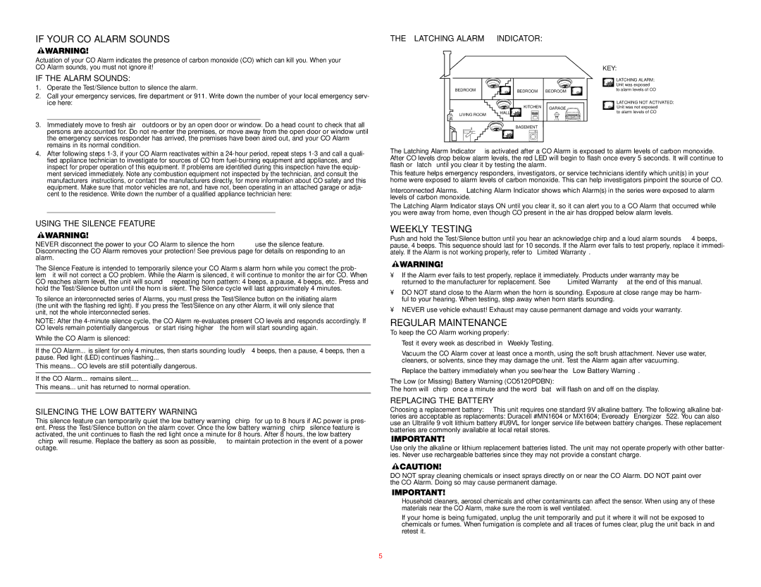 Event electronic CO5120BN, CO5120PDBN user manual If Your CO Alarm Sounds, Weekly Testing, Regular Maintenance 