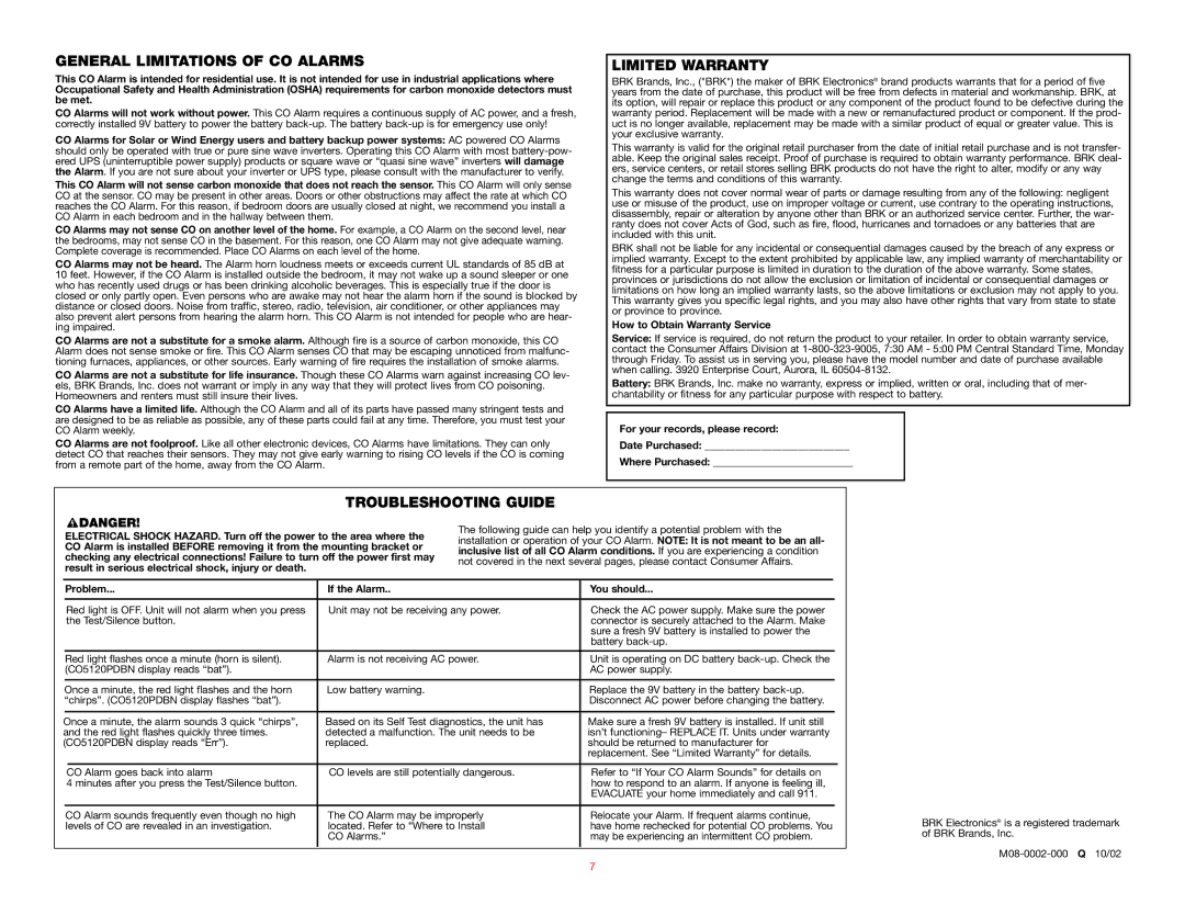 Event electronic CO5120BN, CO5120PDBN user manual General Limitations of CO Alarms, Limited Warranty, Troubleshooting Guide 