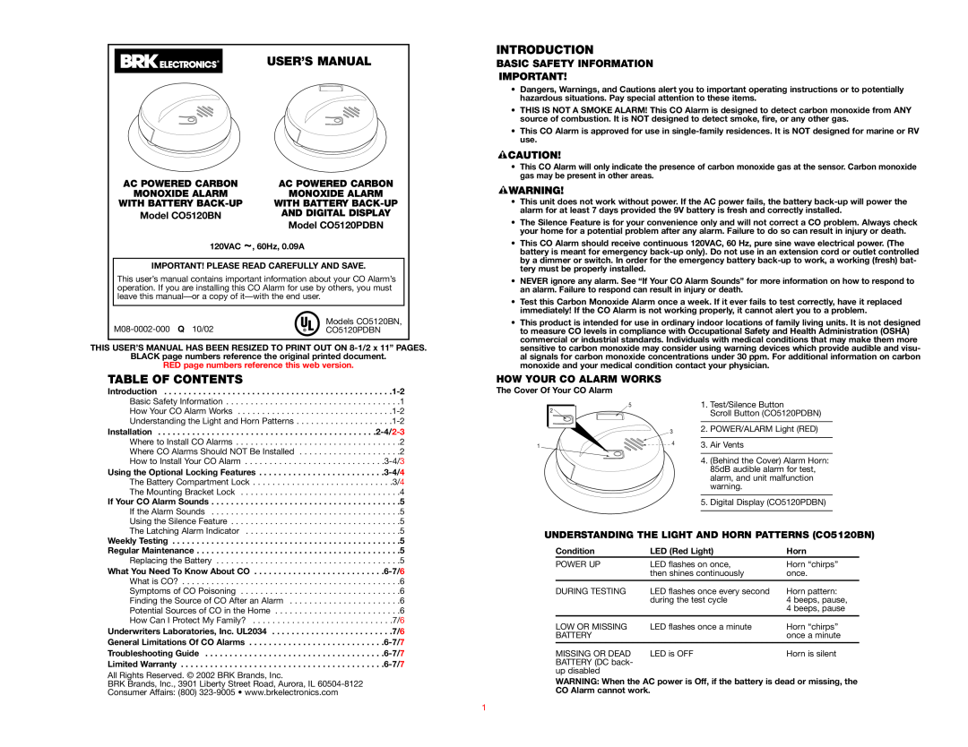 Event electronic CO5120BN user manual User’S Manual, Table Of Contents, Introduction, Ac Powered Carbon, Monoxide Alarm 