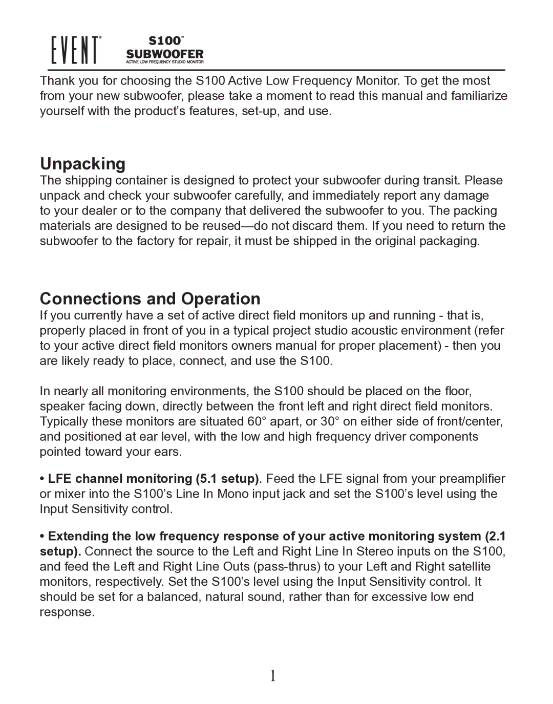 Event electronic S100 manual Unpacking, Connections and Operation 