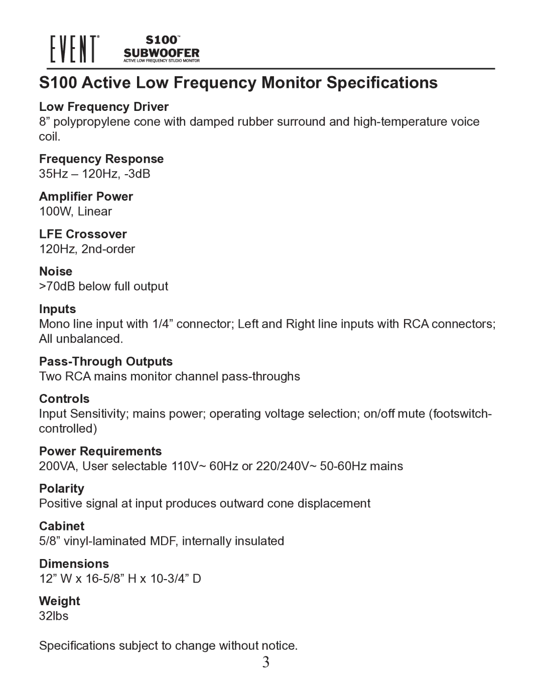 Event electronic manual S100 Active Low Frequency Monitor Specifications, Inputs 