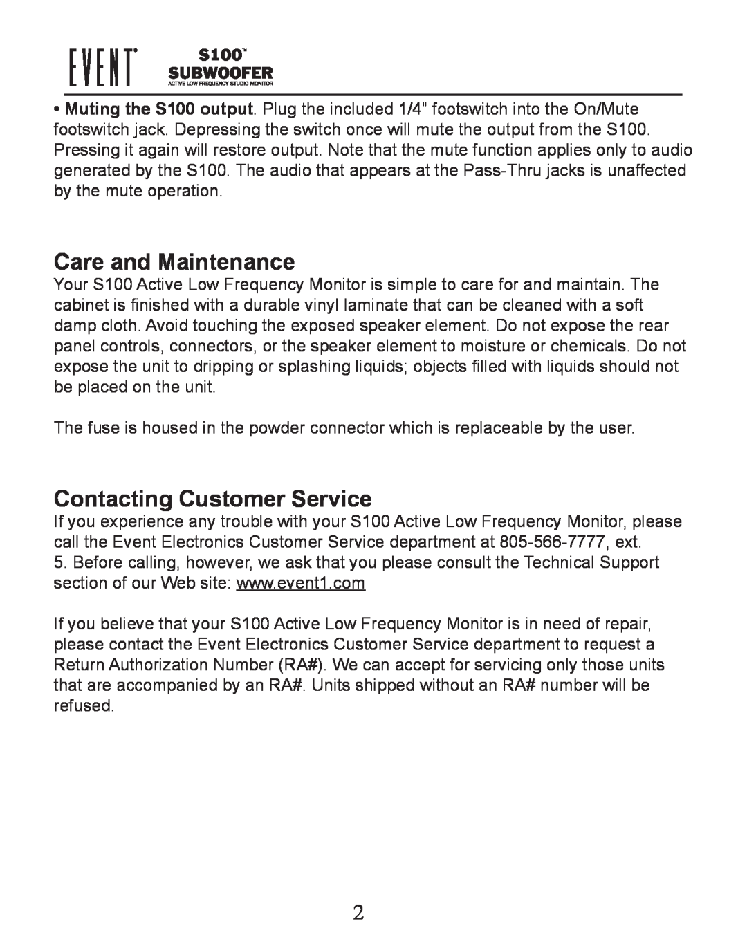 Event electronic S100 manual Care and Maintenance, Contacting Customer Service 