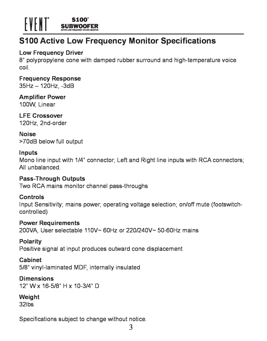 Event electronic manual S100 Active Low Frequency Monitor Specifications 