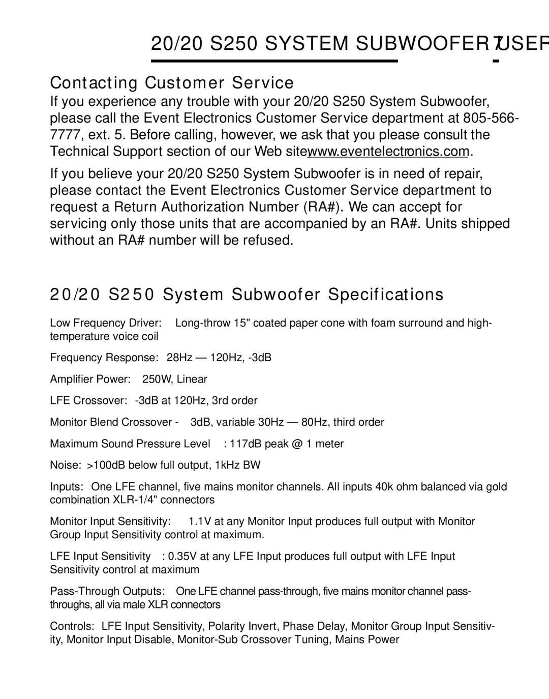 Event electronic S250 TM manual Contacting Customer Service, 20/20 S250 System Subwoofer Specifications 