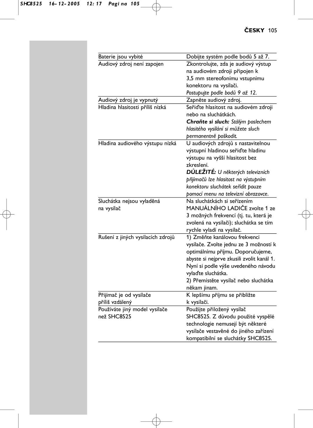 Event electronic SHC8525 manual Česky, Postupujte podle bodů 9 až, Hlasitého vysílání si můžete sluch, Permanentně poškodit 