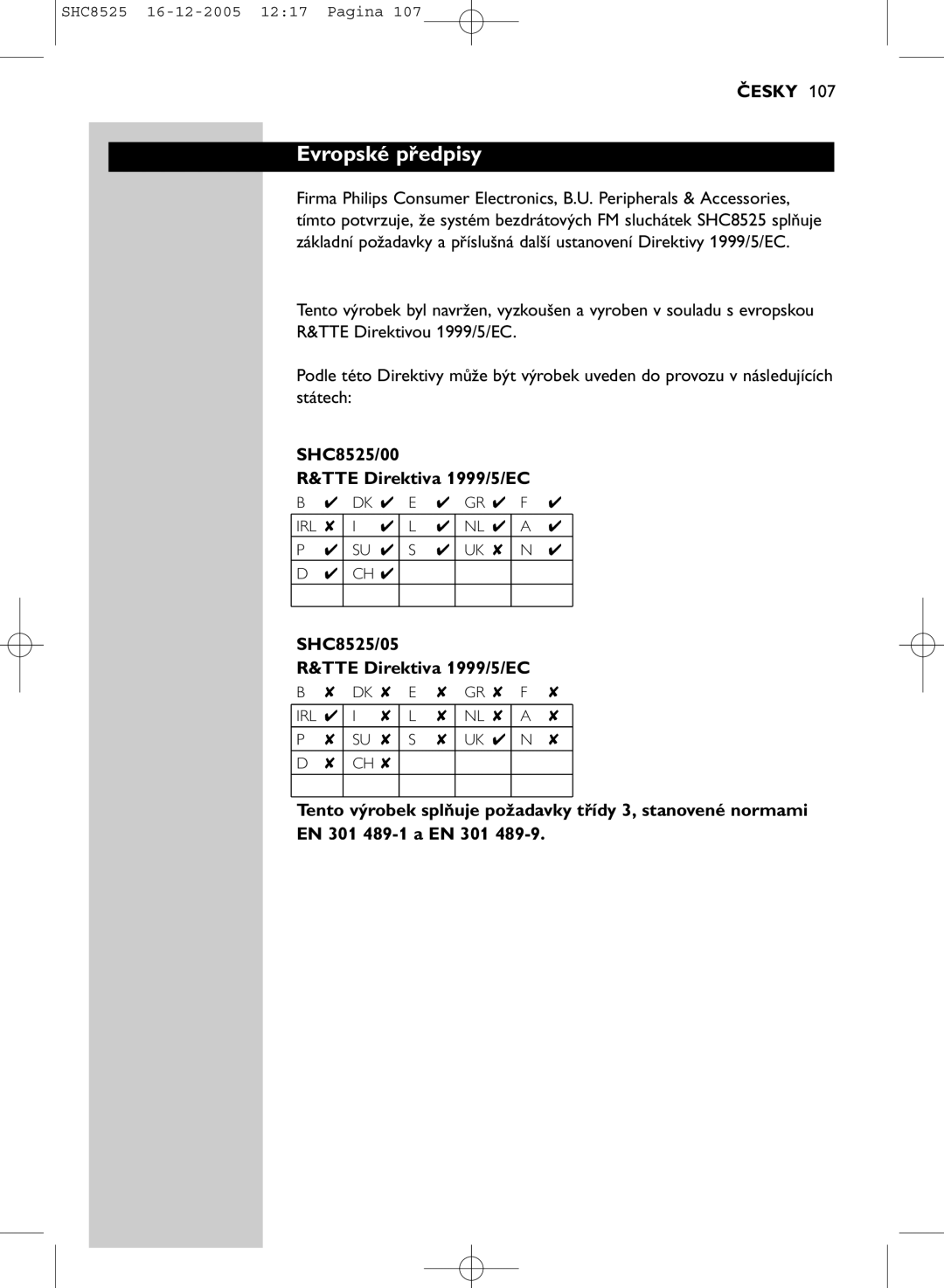 Event electronic manual Evropské předpisy, SHC8525/00 TTE Direktiva 1999/5/EC, SHC8525/05 TTE Direktiva 1999/5/EC 