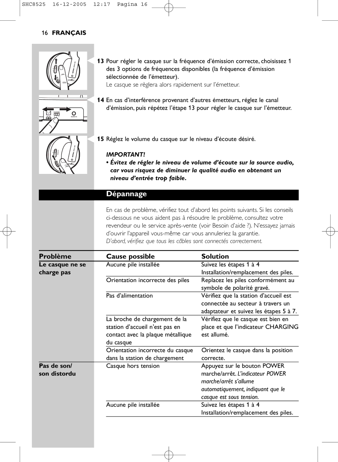 Event electronic SHC8525 manual Dépannage, Problème Cause possible Solution 