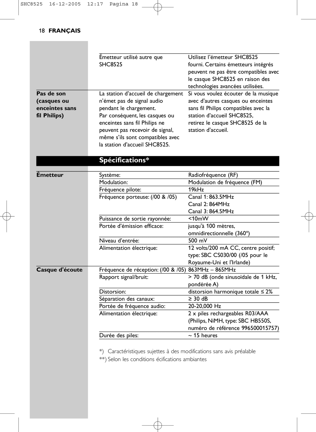 Event electronic SHC8525 manual Spécifications 