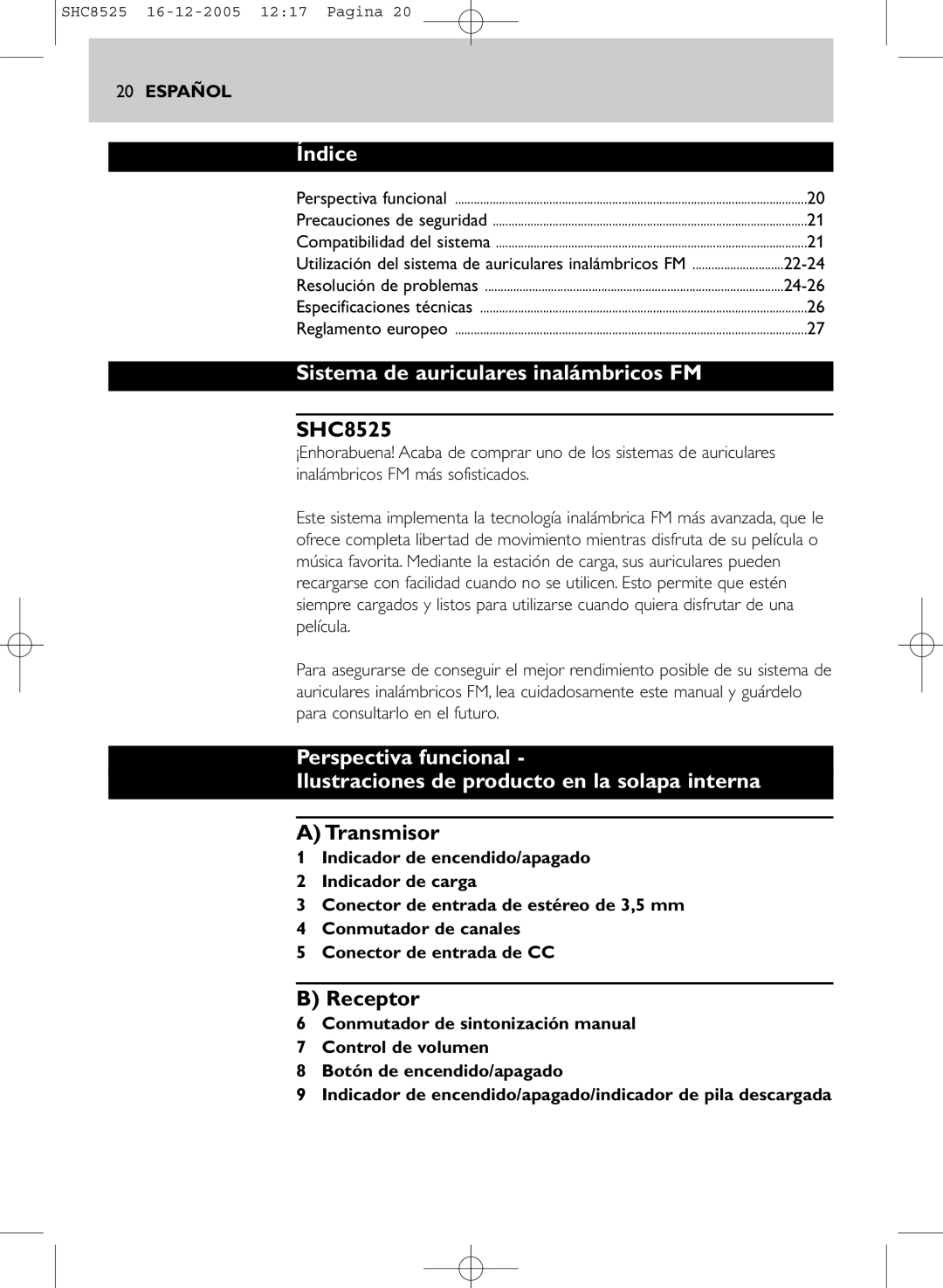 Event electronic SHC8525 manual Índice, Sistema de auriculares inalámbricos FM, Transmisor, Receptor 