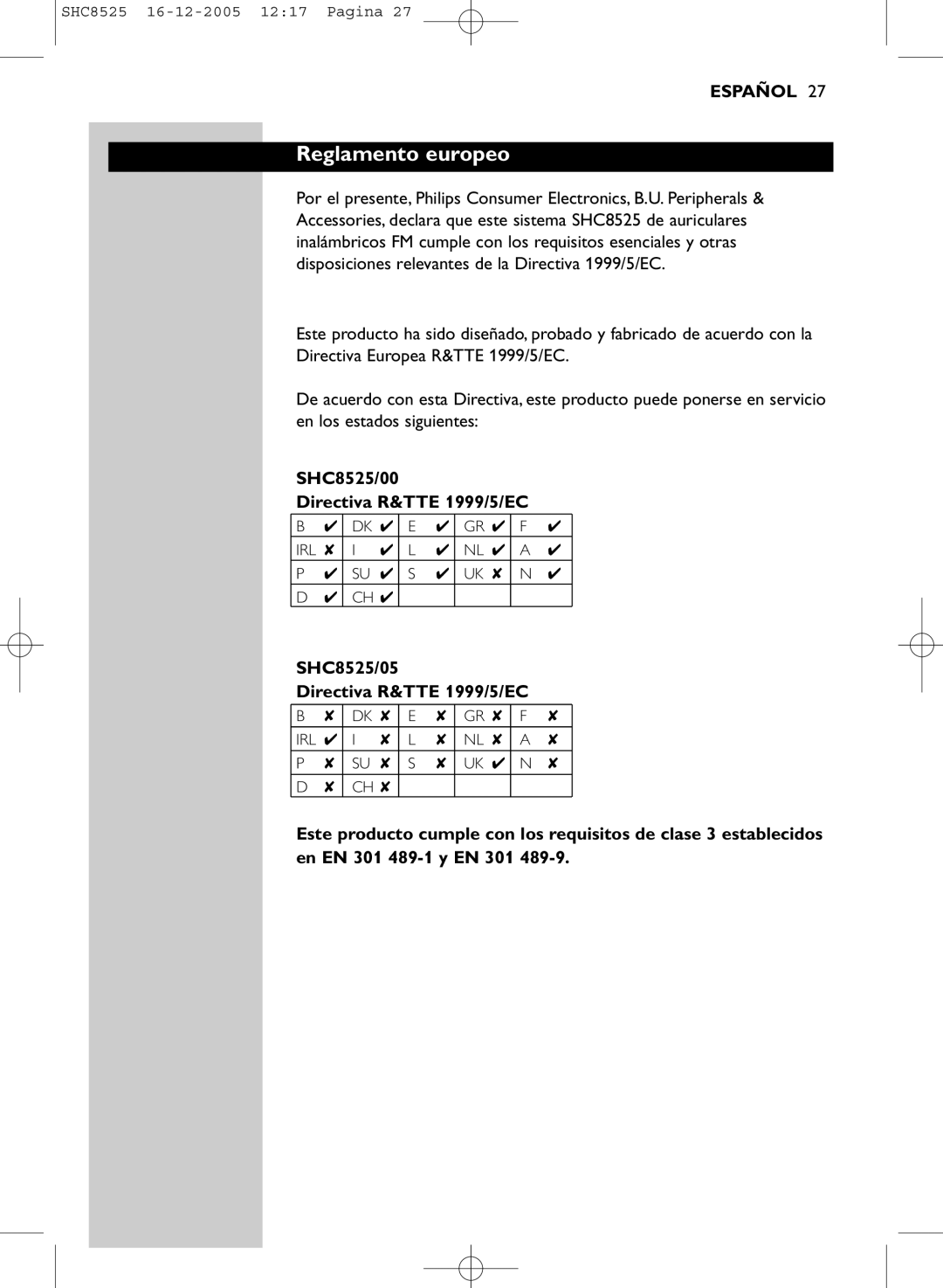 Event electronic manual Reglamento europeo, SHC8525/00 Directiva R&TTE 1999/5/EC, SHC8525/05 Directiva R&TTE 1999/5/EC 