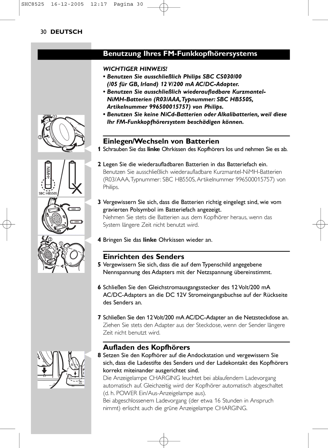 Event electronic SHC8525 Benutzung Ihres FM-Funkkopfhörersystems, Einlegen/Wechseln von Batterien, Einrichten des Senders 