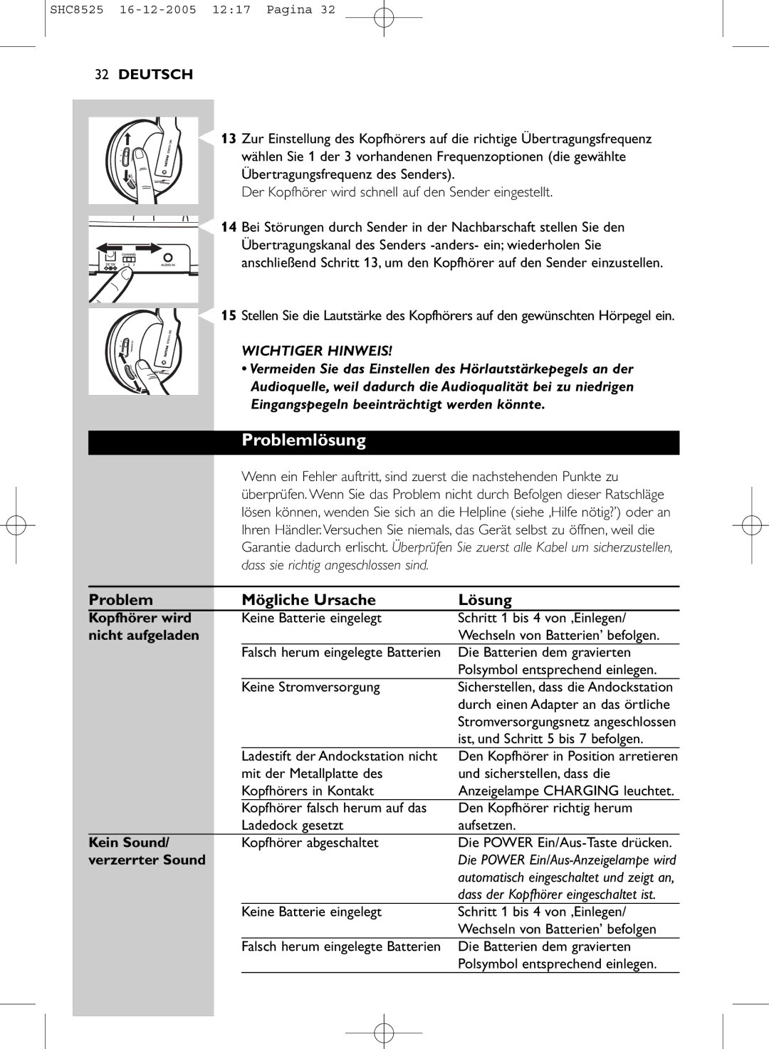 Event electronic SHC8525 manual Problemlösung, Problem Mögliche Ursache Lösung 