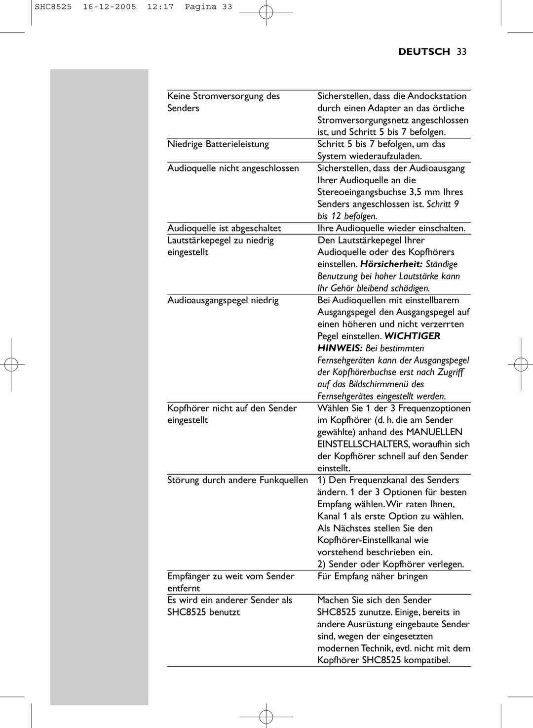 Event electronic SHC8525 Bis 12 befolgen, Ihr Gehör bleibend schädigen, Hinweis Bei bestimmten, Auf das Bildschirmmenü des 