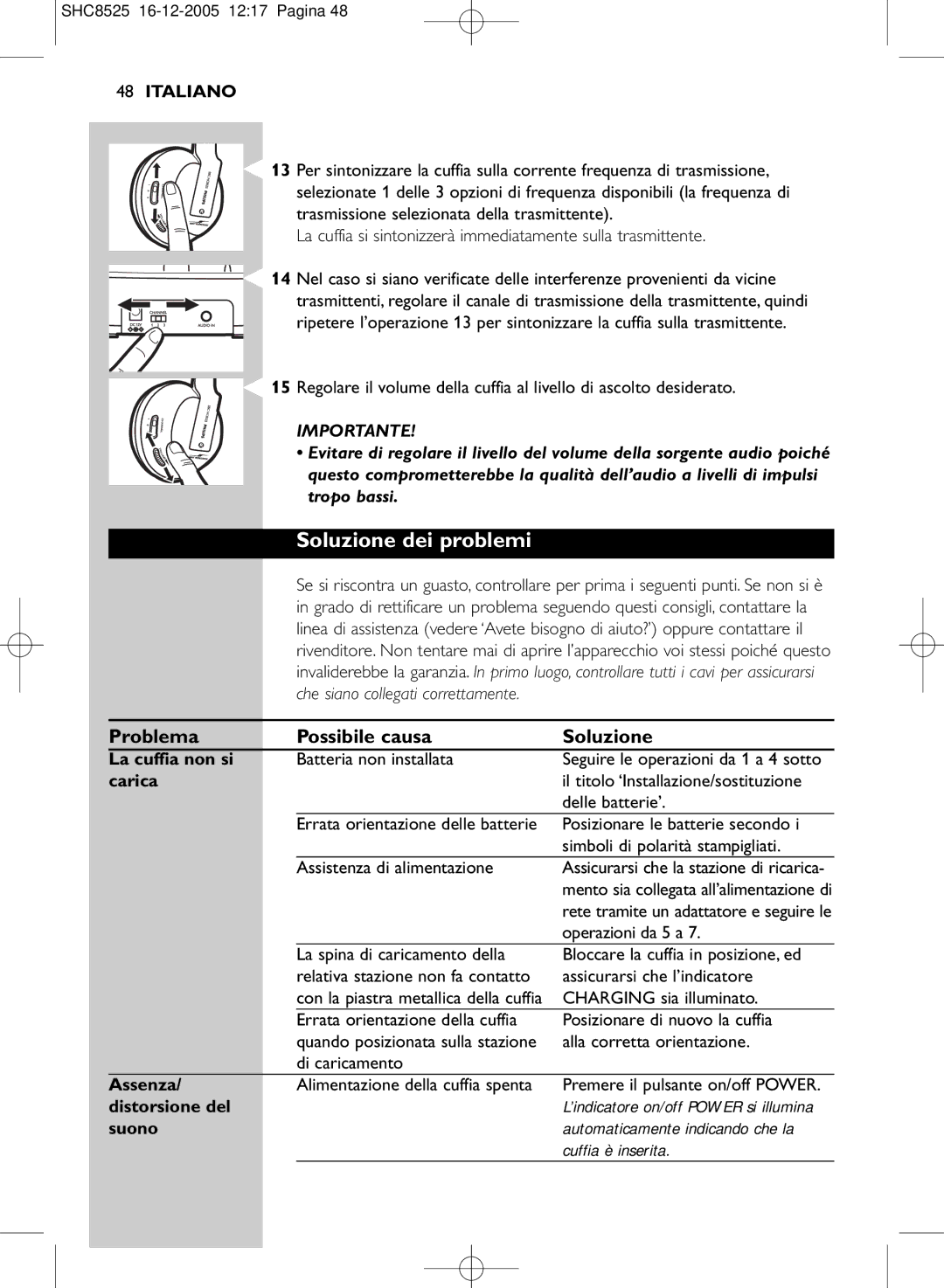 Event electronic SHC8525 manual Soluzione dei problemi, Problema Possibile causa Soluzione 