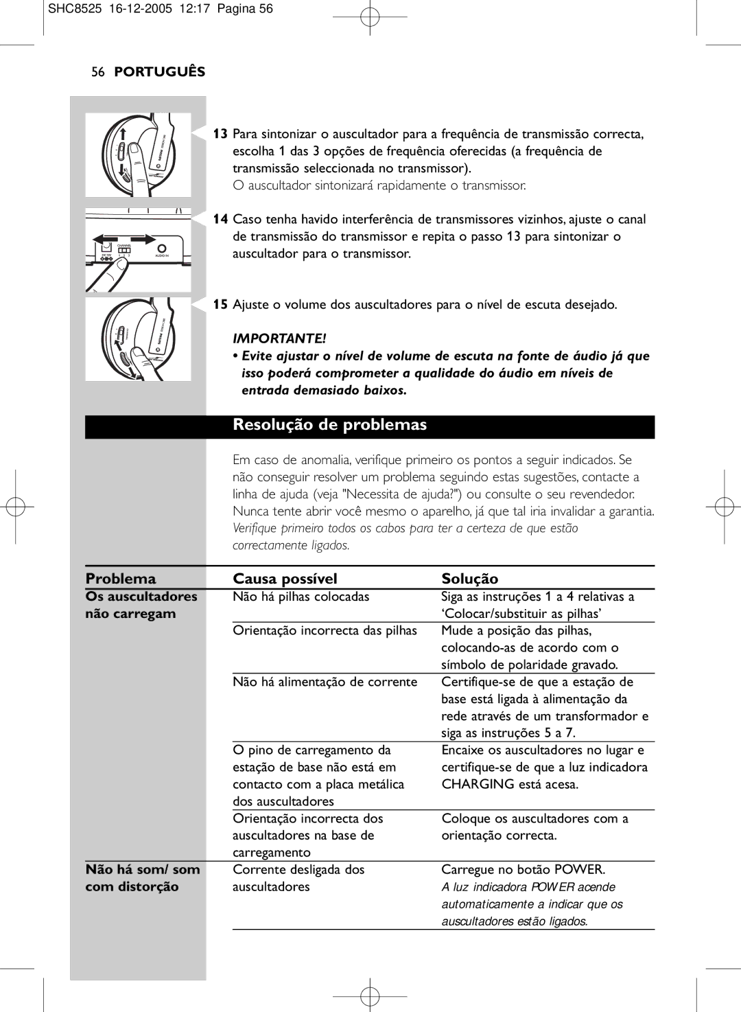 Event electronic SHC8525 manual Resolução de problemas, Problema Causa possível Solução 