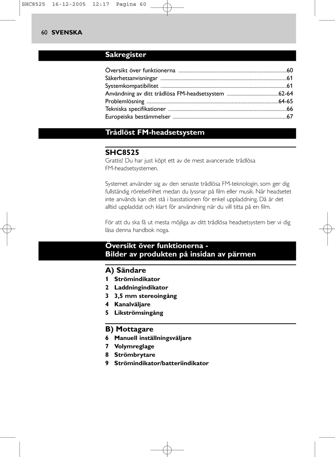 Event electronic SHC8525 manual Sakregister, Trådlöst FM-headsetsystem, Sändare, Mottagare 