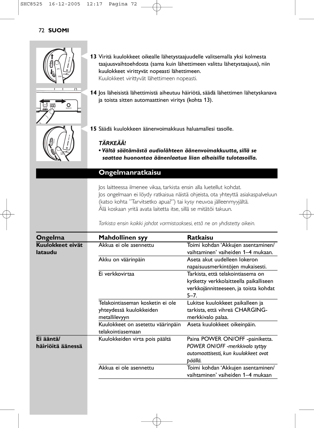 Event electronic SHC8525 manual Ongelmanratkaisu, Ongelma Mahdollinen syy Ratkaisu 