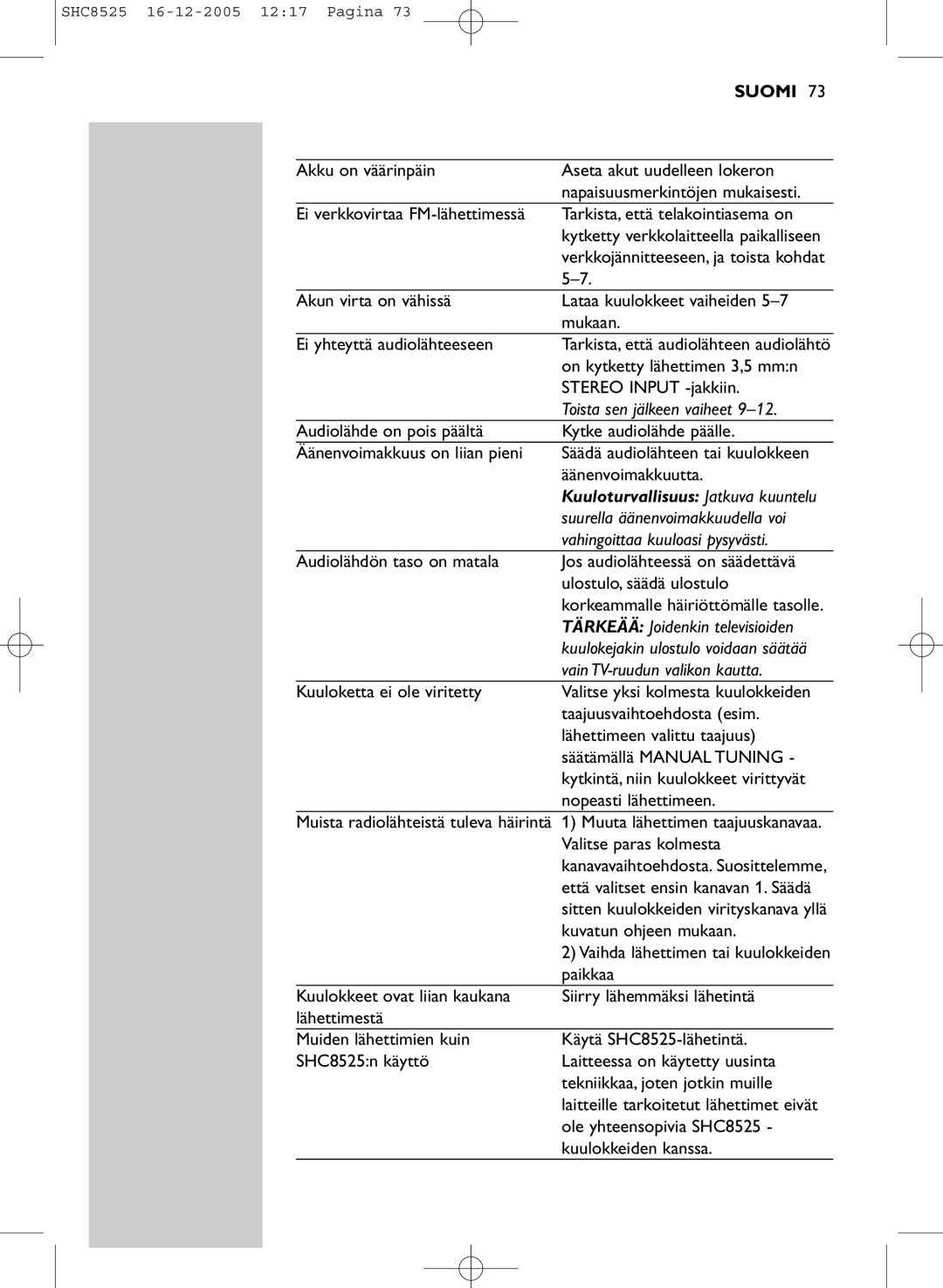 Event electronic SHC8525 manual Toista sen jälkeen vaiheet, Vahingoittaa kuuloasi pysyvästi, Vain TV-ruudun valikon kautta 