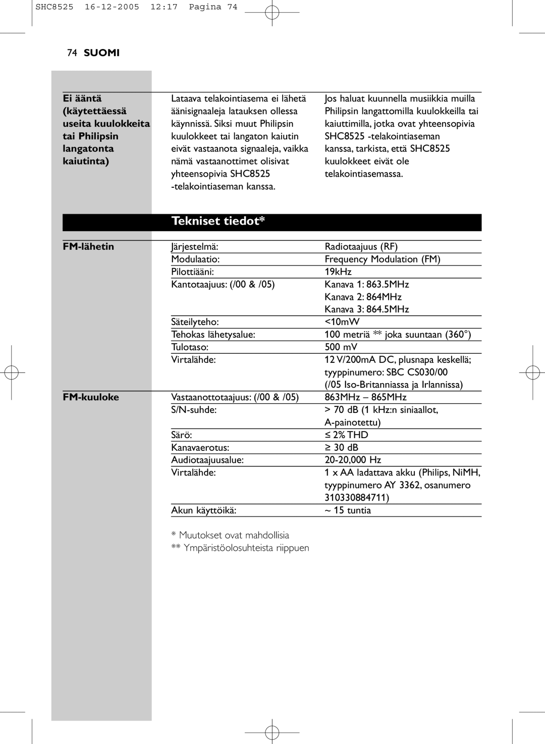 Event electronic SHC8525 manual Tekniset tiedot 