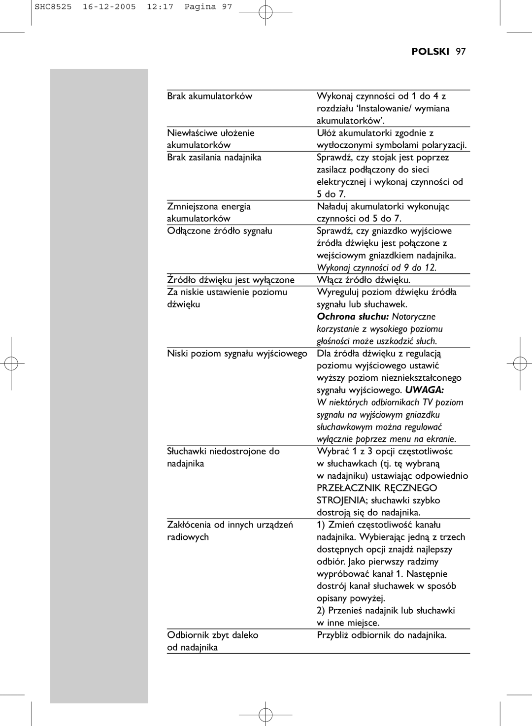 Event electronic SHC8525 manual Wykonaj czynności od 9 do, Głośności może uszkodzić słuch, Sygnału na wyjściowym gniazdku 