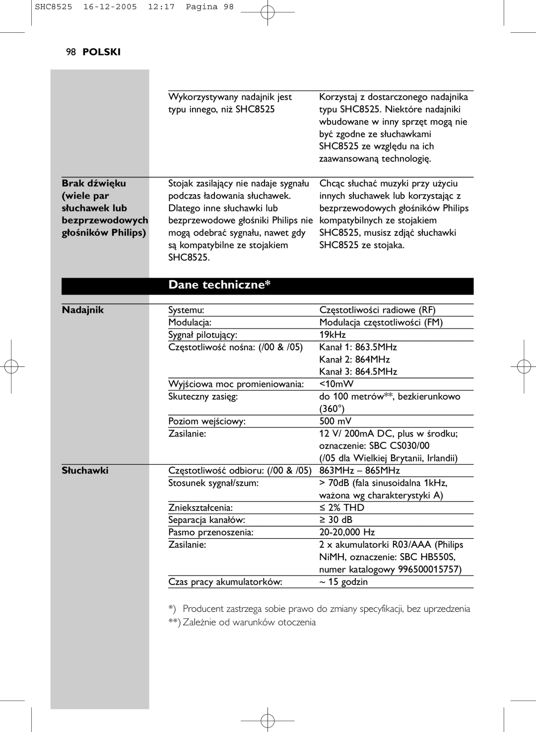 Event electronic SHC8525 manual Dane techniczne 