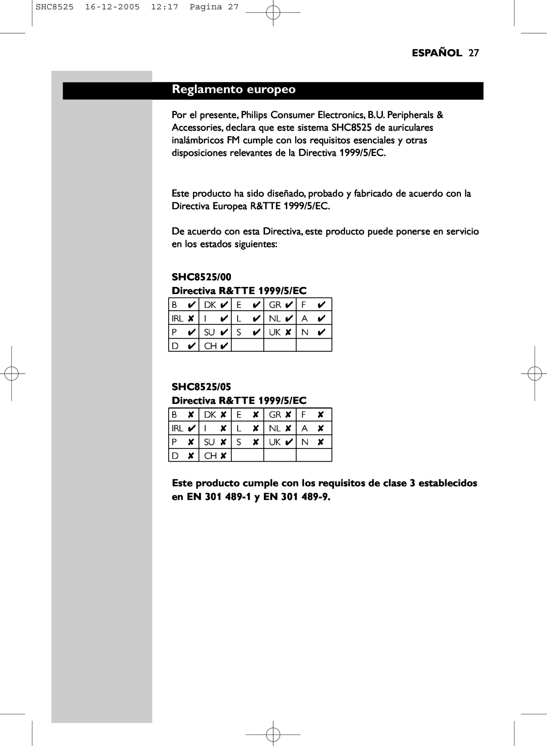 Event electronic manual Reglamento europeo, Español, SHC8525/00 Directiva R&TTE 1999/5/EC 
