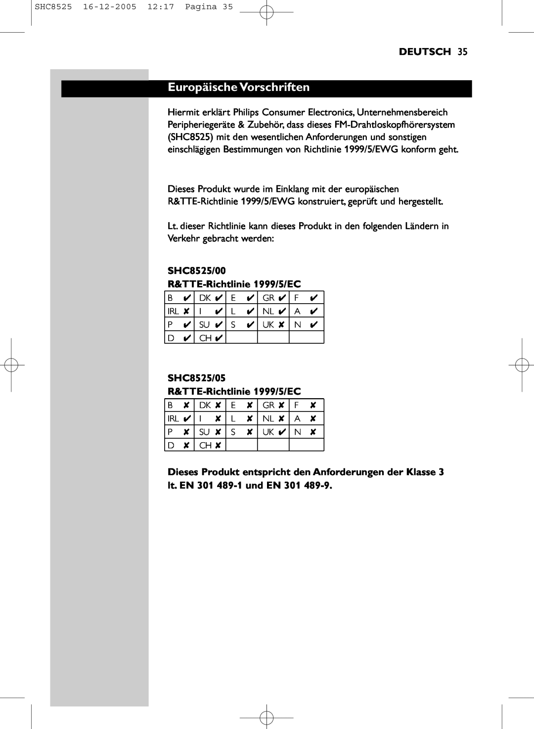 Event electronic manual Europäische Vorschriften, Deutsch, SHC8525/00 R&TTE-Richtlinie1999/5/EC 